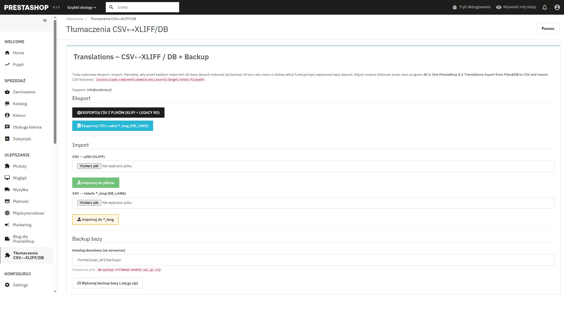 Moduł dla PrestaShop 8.2 All in One Translations Export from Files&DB to CSV and import